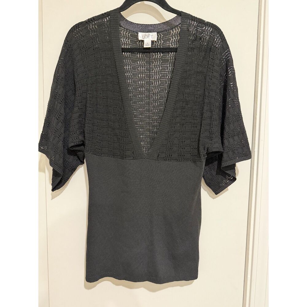 LOFT Black Open Knit Empire Waist Kimono Sleeve Deep V-Neck Top Size M